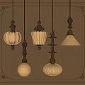 Elegant Vintage Pendant Lights With Wooden Accents And White Shades In Decorative Frame Setting