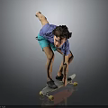 Child in Blue Shirt and Green Shorts Performing Skateboard Trick Against Gray Background