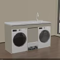 Modern Laundry Room With Double Washing Machines Countertop Faucet Wooden Floor And City View Window