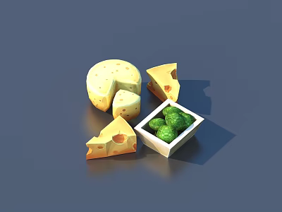 Assorted Fresh Cheese Blocks And Sliced Pieces With Green Vegetable Balls 3d model