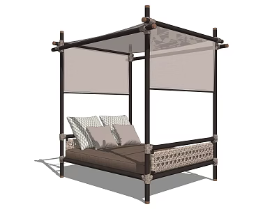 Four Poster Double Bed With Black Frame Sheer Canopy Pillows And Woven Mattress 3d model