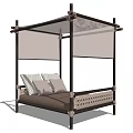 Four Poster Double Bed With Black Frame Sheer Canopy Pillows And Woven Mattress