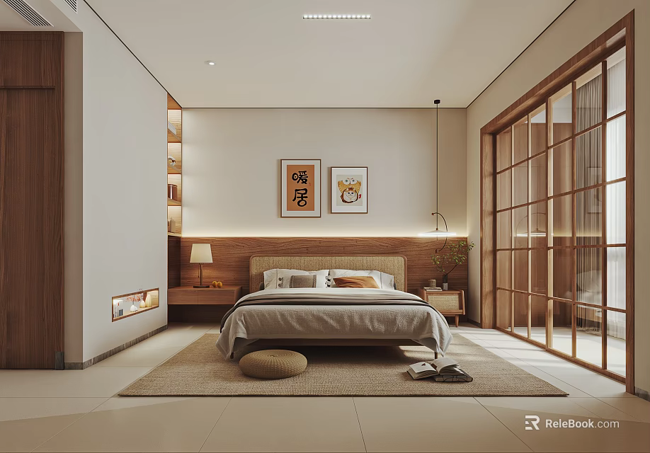 Modern Bedroom Interior With Wooden Accents Shoji Doors And Wall Art 3d model 