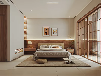 Modern Bedroom Interior With Wooden Accents Shoji Doors And Wall Art 3d model