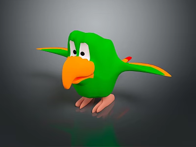 Cartoon Character Green Parrot With Orange Beak And Colorful Wings Standing On Dark Surface 3d model