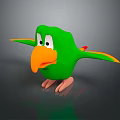 Cartoon Character Green Parrot With Orange Beak And Colorful Wings Standing On Dark Surface