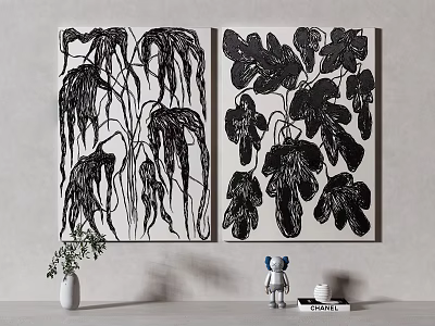 Black And White Plant Paintings With Wall Art Decorative Vase Doll And Book 3d model