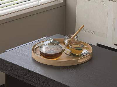 Cozy Glass Tea Set with Wooden Tray Honey Jar and Teacup on Table Near Window 3d model