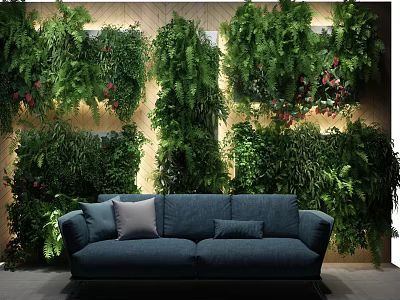 Blue Two Seater Sofa With Cushions Against Green Plant Wall Interior 3d model