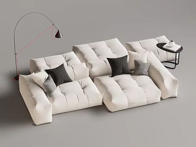 Modern Plush White Sectional Sofa With Soft Cushions And Floor Lamp Side Table 3d model