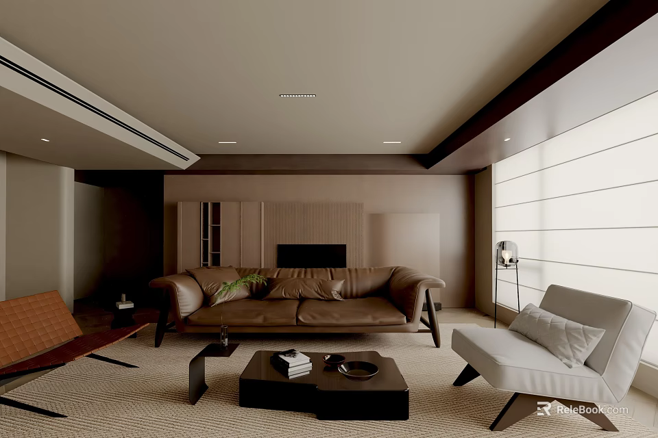 Modern Living Room Interior With Brown Sofa Black Coffee Table And Light Gray Armchair 3d model 