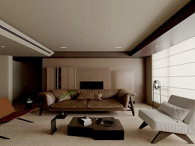 Modern Living Room Interior With Brown Sofa Black Coffee Table And Light Gray Armchair 3d model