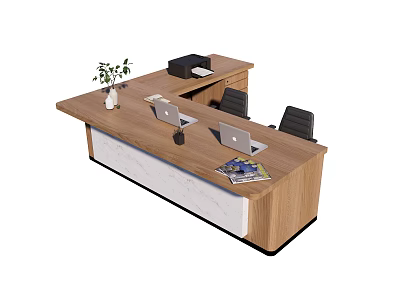 Wooden Reception Desk With Two Laptops Printer Green Plant Magazines And Black Chairs 3d model