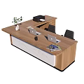 Wooden Reception Desk With Two Laptops Printer Green Plant Magazines And Black Chairs