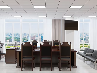 Courtroom Interior With Judge Bench Chairs Large Windows City View TV Screen Audience Seating 3d model