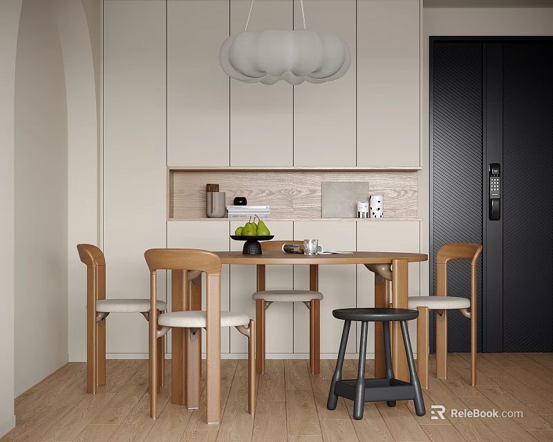 Modern Restaurant Interior With Wooden Dining Table Chairs Pendant Light And Cabinets 3d model