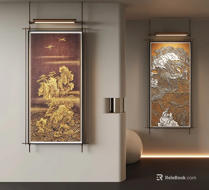 Abstract Painting Framed Wall Art With Gold Silver Accents In Modern Interior Design 3d model 