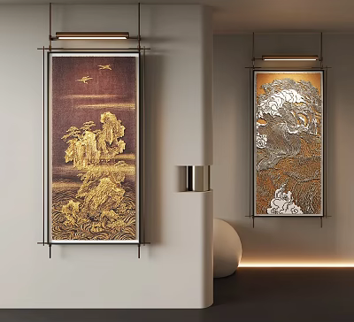 Abstract Painting Framed Wall Art With Gold Silver Accents In Modern Interior Design 3d model