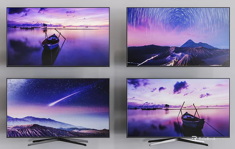 TV Screen Displaying Stunning Natural Scenic Views Lake Mountain Starry Sky and Sunset 3d model 
