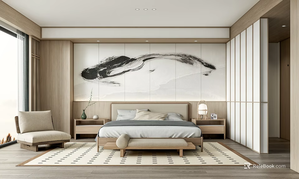 Minimalist Bedroom Interior With Wooden Bed Gray Bedding Beige Cushions Ink Painting Wall Geometric Rug 3d model 