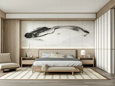 Minimalist Bedroom Interior With Wooden Bed Gray Bedding Beige Cushions Ink Painting Wall Geometric Rug 3d model