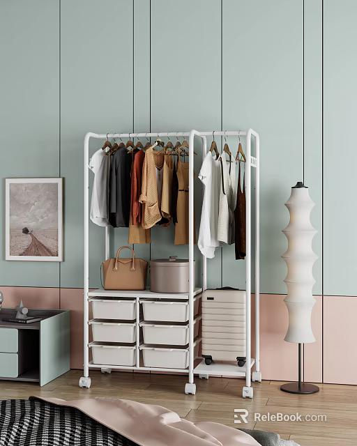Stylish White Clothing Rack With Hanging Clothes Storage Drawers And Decorative Lamp 3d model 