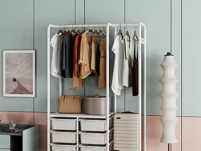 Stylish White Clothing Rack With Hanging Clothes Storage Drawers And Decorative Lamp 3d model