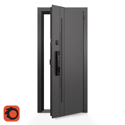 Modern Black Swing Door With Glass Panel And Secure Lock Design 3d model