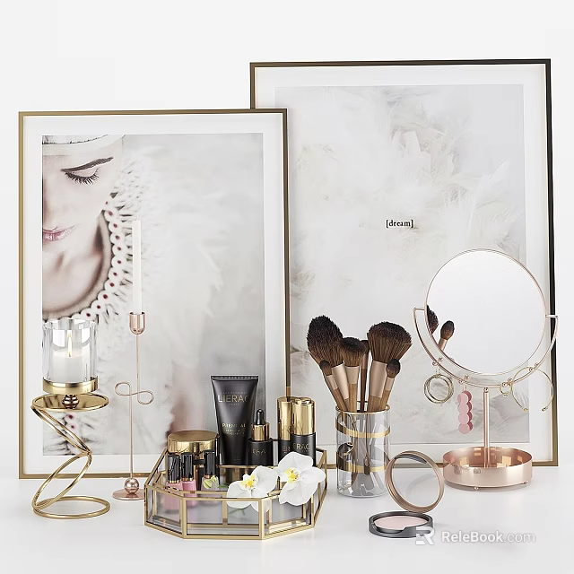 Elegant Decorative Accessory Set With Makeup Brushes Round Mirror And Perfume Bottles 3d model 