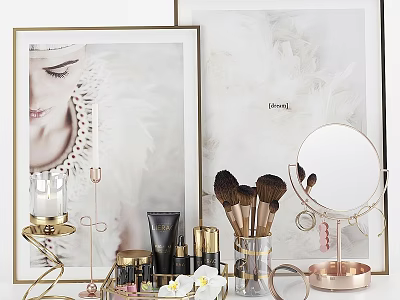 Elegant Decorative Accessory Set With Makeup Brushes Round Mirror And Perfume Bottles 3d model