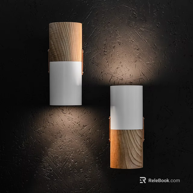 Modern Wooden And White Wall Mounted Lamps With Soft Lighting On Dark Textured Wall 3d model 