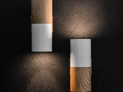 Modern Wooden And White Wall Mounted Lamps With Soft Lighting On Dark Textured Wall 3d model