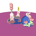 3D Scene With Pink Flowers Yellow Flower Pink Rabbit Dolls Blue Sphere And Colorful Ground