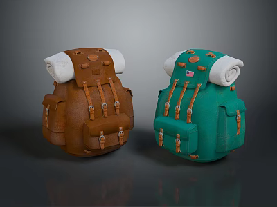 Brown And Green Outdoor Backpacks With White Rolled Parts Multiple Straps And Buckles 3d model