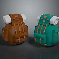 Brown And Green Outdoor Backpacks With White Rolled Parts Multiple Straps And Buckles