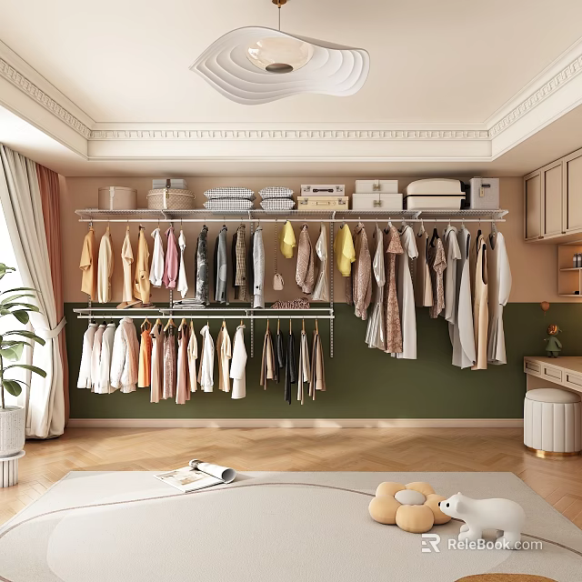 Walk in Closet with Hanging Clothes Folded Items on Shelves Green Wall and Wooden Floor 3d model 