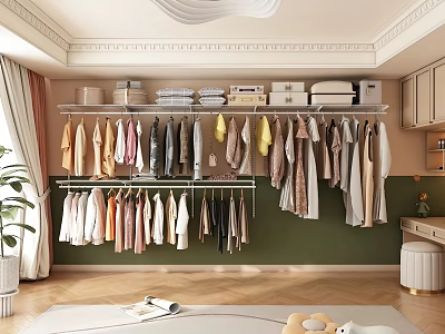 Walk in Closet with Hanging Clothes Folded Items on Shelves Green Wall and Wooden Floor 3d model