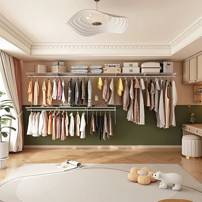 Walk in Closet with Hanging Clothes Folded Items on Shelves Green Wall and Wooden Floor 3d model
