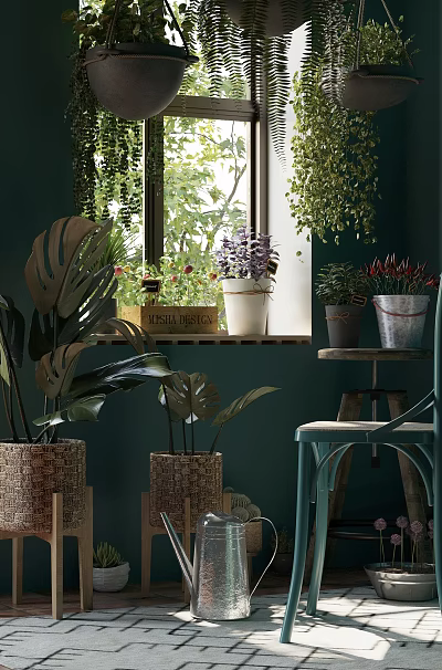 Indoor Potted Plants on Windowsill with Various Flower Pots and Green Wall 3d model