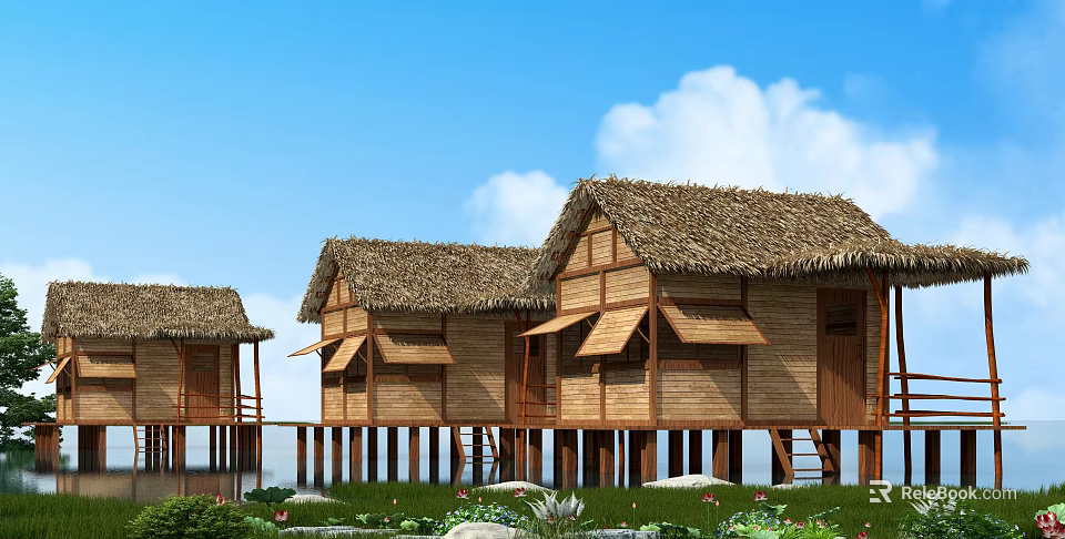 Traditional Thatched Houses on Stilts with Wooden Structure Lush Greenery and Blue Sky 3d model 