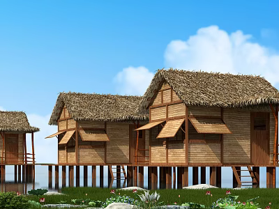 Traditional Thatched Houses on Stilts with Wooden Structure Lush Greenery and Blue Sky 3d model