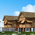 Traditional Thatched Houses on Stilts with Wooden Structure Lush Greenery and Blue Sky