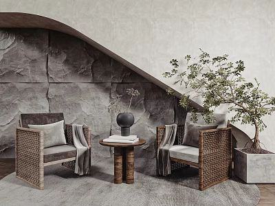 Casual Sofa Combination With Woven Chairs Stone Wall Background Small Round Table And Rug Plant 3d model
