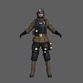 Woman Wearing Tactical Brown Coat Black Vest Kneepads Gloves And Boots
