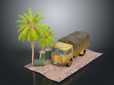 Vintage Truck With Canvas Cover Near Palm Trees Green Oil Drums On Sandy Ground 3d model