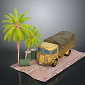 Vintage Truck With Canvas Cover Near Palm Trees Green Oil Drums On Sandy Ground