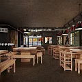 Industrial Style Hot Pot Restaurant Interior With Loft Design Wooden Tables Red Blue Crates