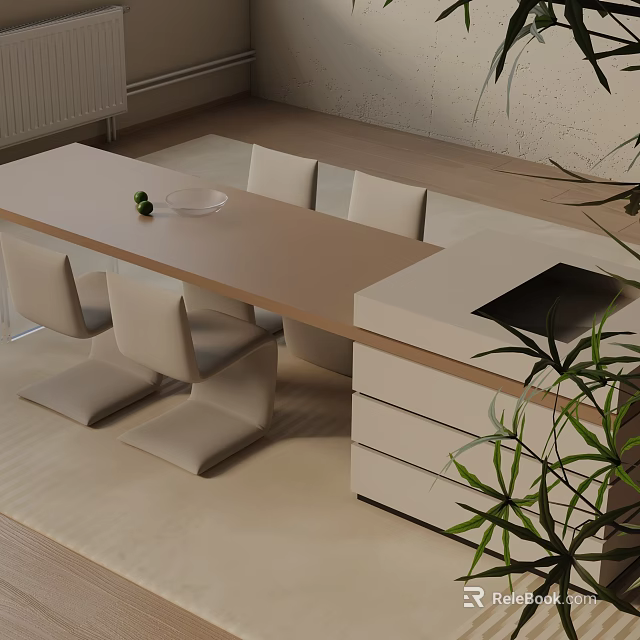 Modern Beige Dining Table Set With Chairs Drawer Cabinet And Potted Plant 3d model 