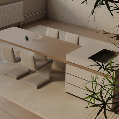 Modern Beige Dining Table Set With Chairs Drawer Cabinet And Potted Plant 3d model