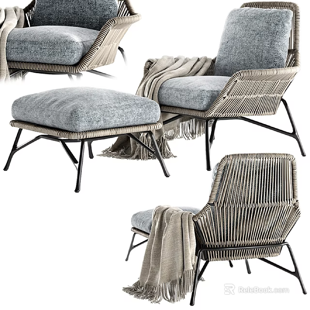 Gray Wicker Leisure Chair With Soft Cushion Ottoman And Cozy Blanket On Metal Legs 3d model 